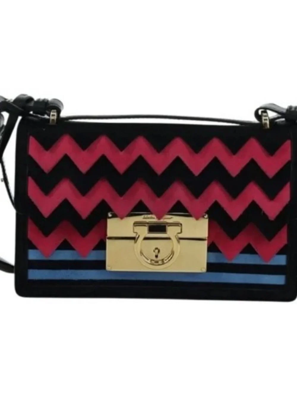 Salvatore Ferragamo Gancini Shoulder Bag Suede Black Pink gold Auth ARZ419M